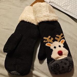 Do Everything in Love Black and Cream Reindeer Mittens